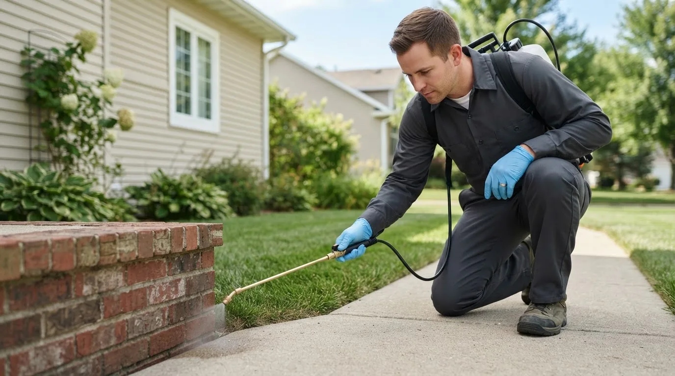 Pest control technician treating a home near Bokeelia, FL